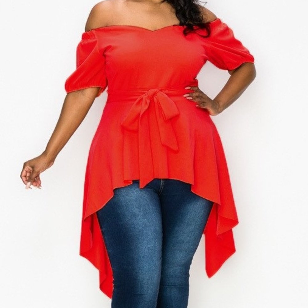 Gorgeous off the shoulder asymmetric hem T…